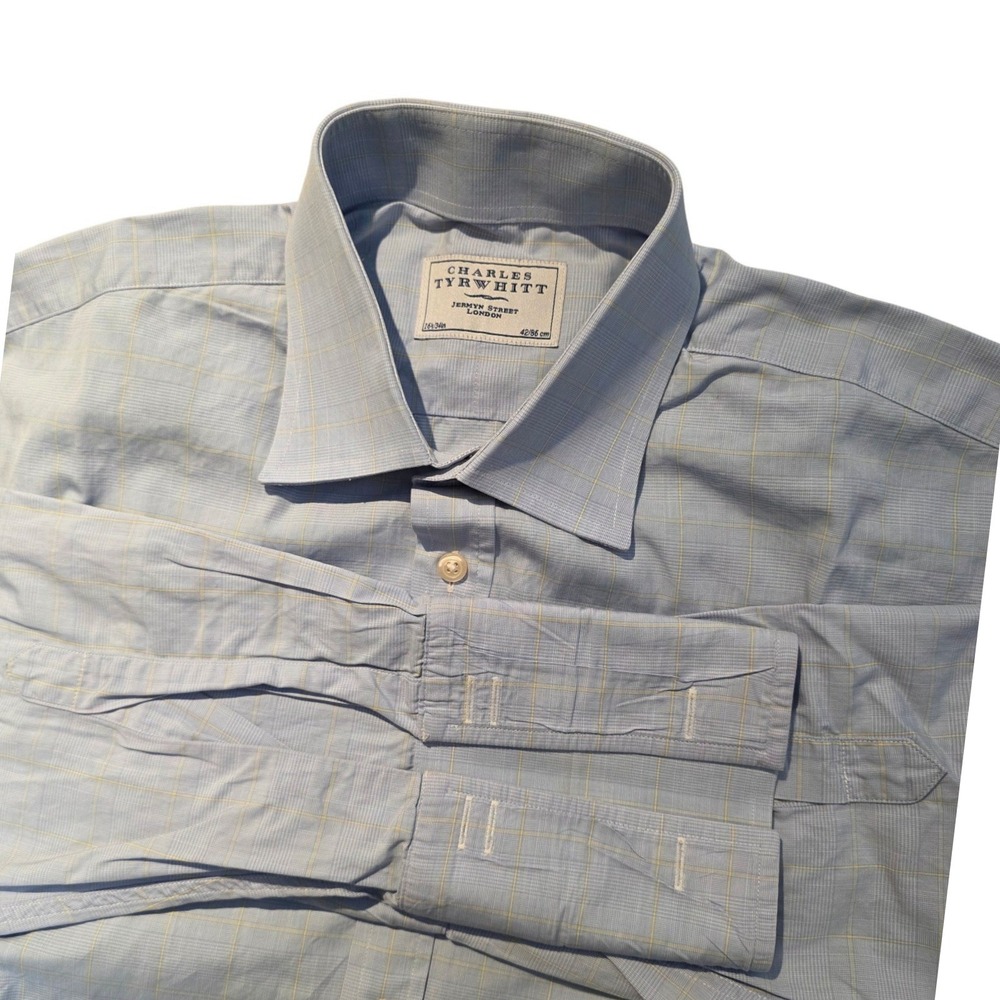 Charles Tyrwhitt Dress Shirt Mens 16½/34 Long Sleeve Button Down Blue Plaid Cuff